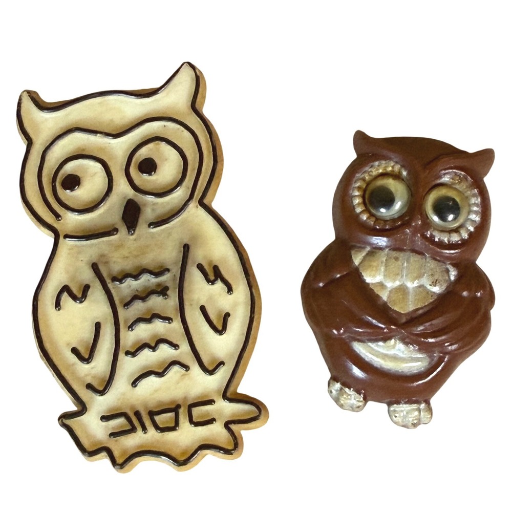 Vintage Owl Refrigerator Magnets Set of 2 Retro Brown Cream‎ Bird Kitchen Decor